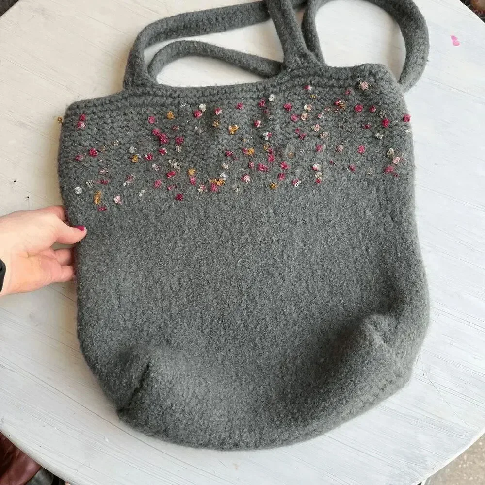 Vintage Hand-Knit Felted Wool Tote Bag w/ Colorful Accents